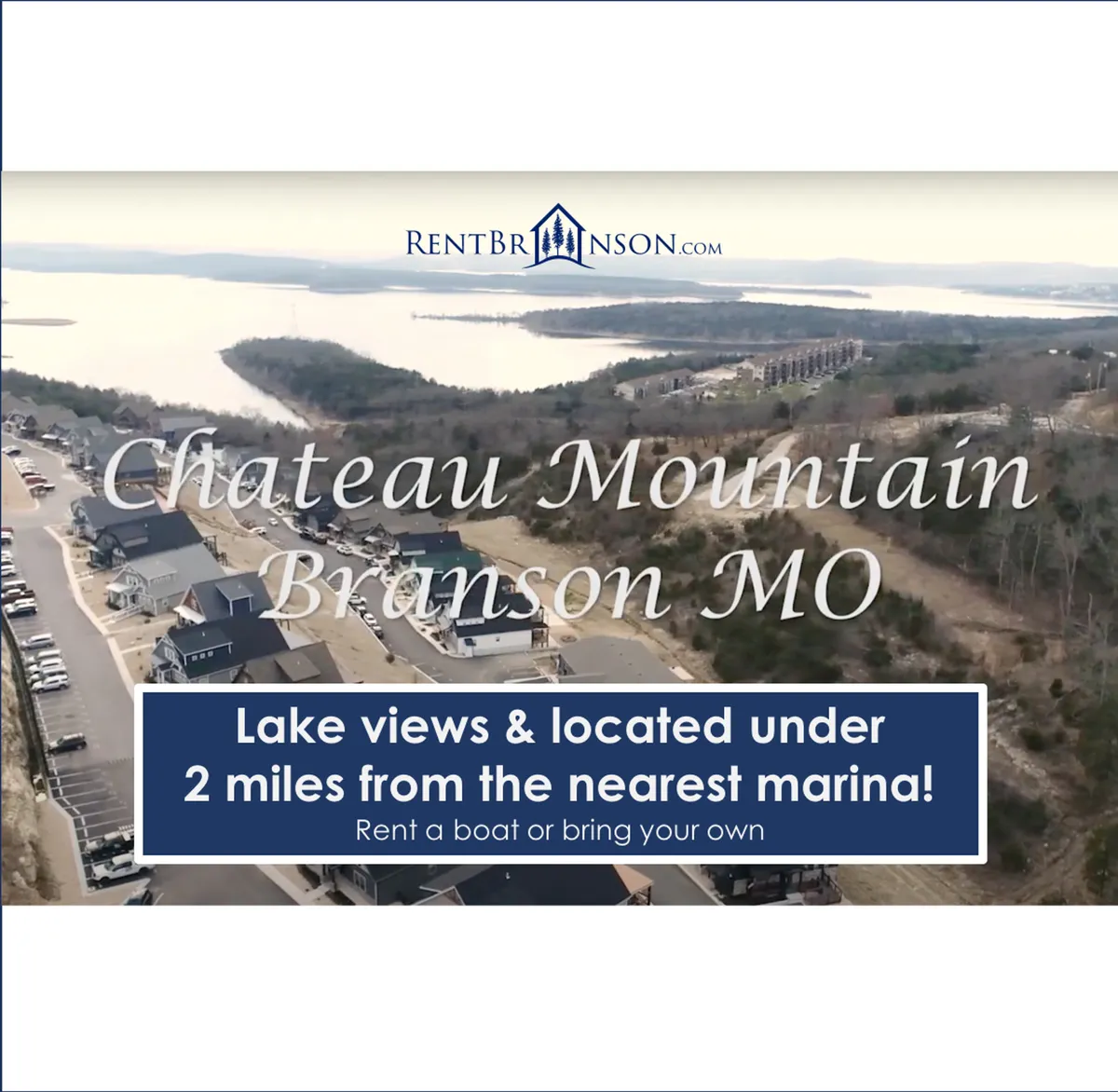 A panoramic exterior shot capturing scenic lake views framed by surrounding houses and natural greenery. The tranquil waters and open sky evoke a sense of relaxation and provide a picturesque backdrop ideal for unwinding after a day of Branson adventures.